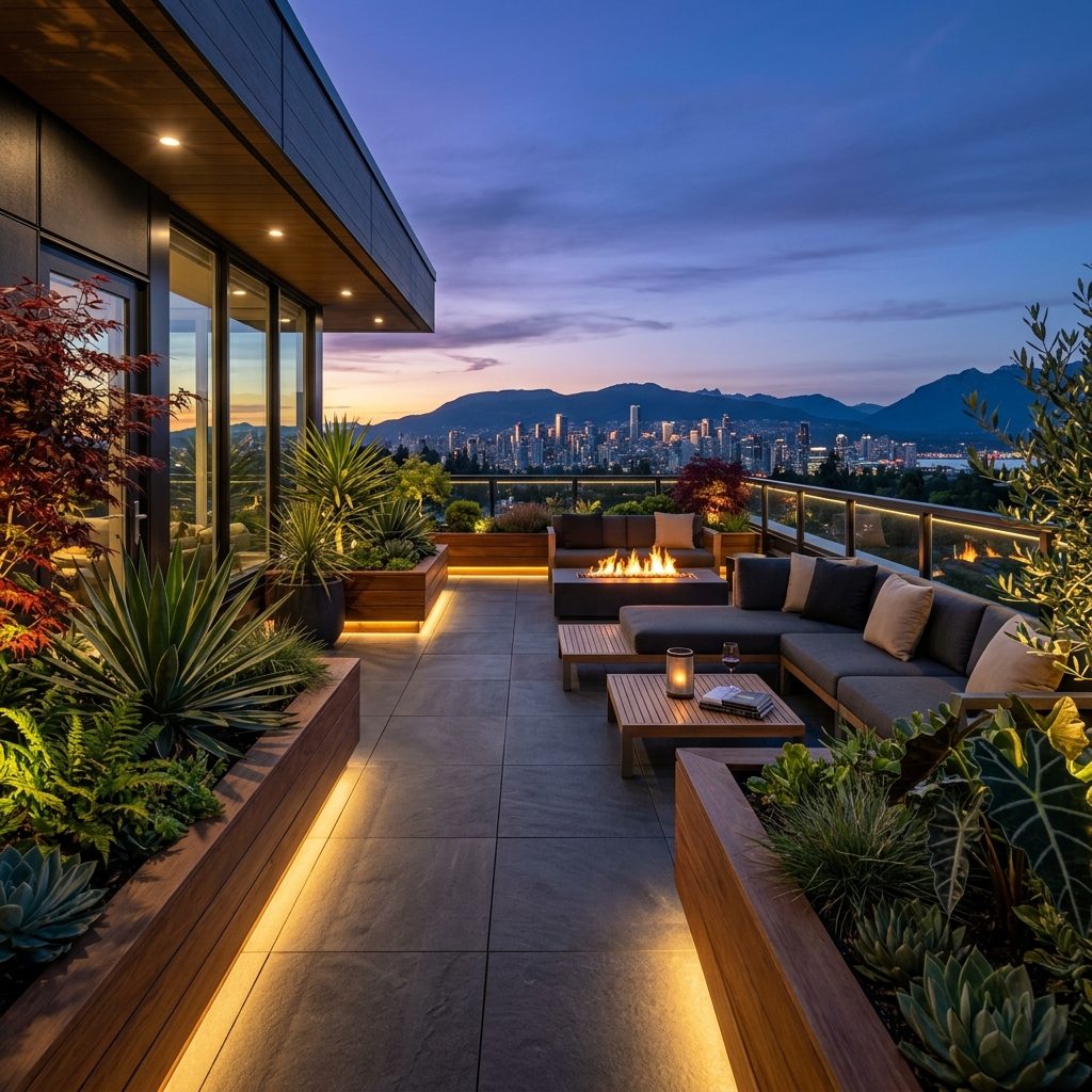 Terrasse contemporaine au crépuscule